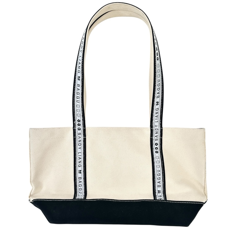[sold] Sandy Liang x BAGGU Cream Black Canvas Small Shoulder Boat Tote Bag - Picture 7 of 11